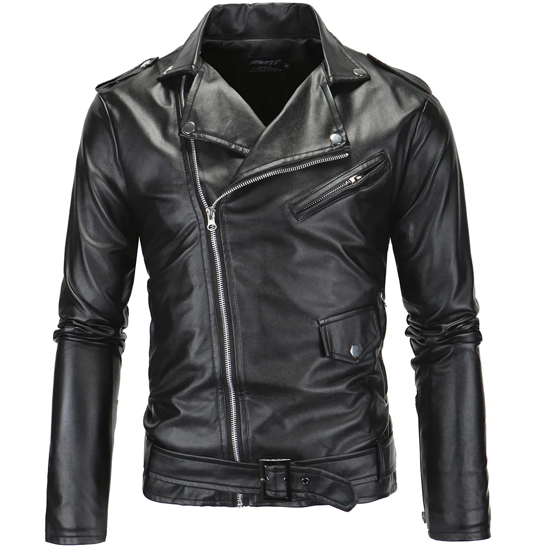 New Motorcycle Slim Leather Jacket Vertical Collar Cutting Oblique Zipper Leather Jacket Leather Jacket