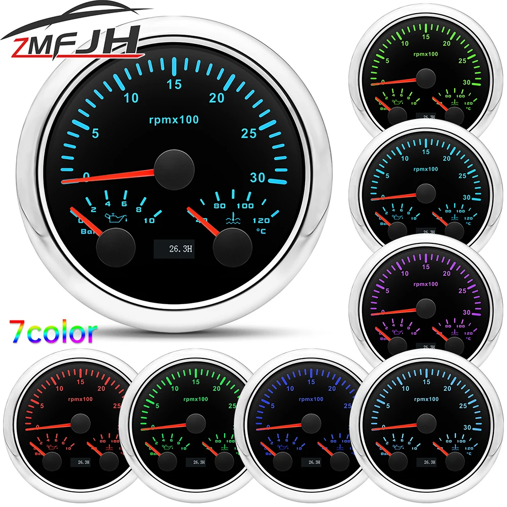 3 in 1 Gauge 0-3000 Tachometer 0-10 Bar Oil Pressure Gauge 40-120°C Water Temp Gauge For Marine Car Boat 7 Color Backlight