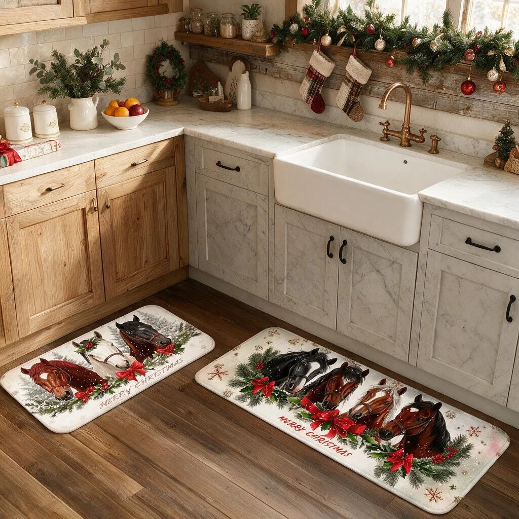 Christmas Kitchen Runner Rug Long Decorative Plush Flannel Carpet Non Slip Water Absorbent Soft Floor Mat for Front Door