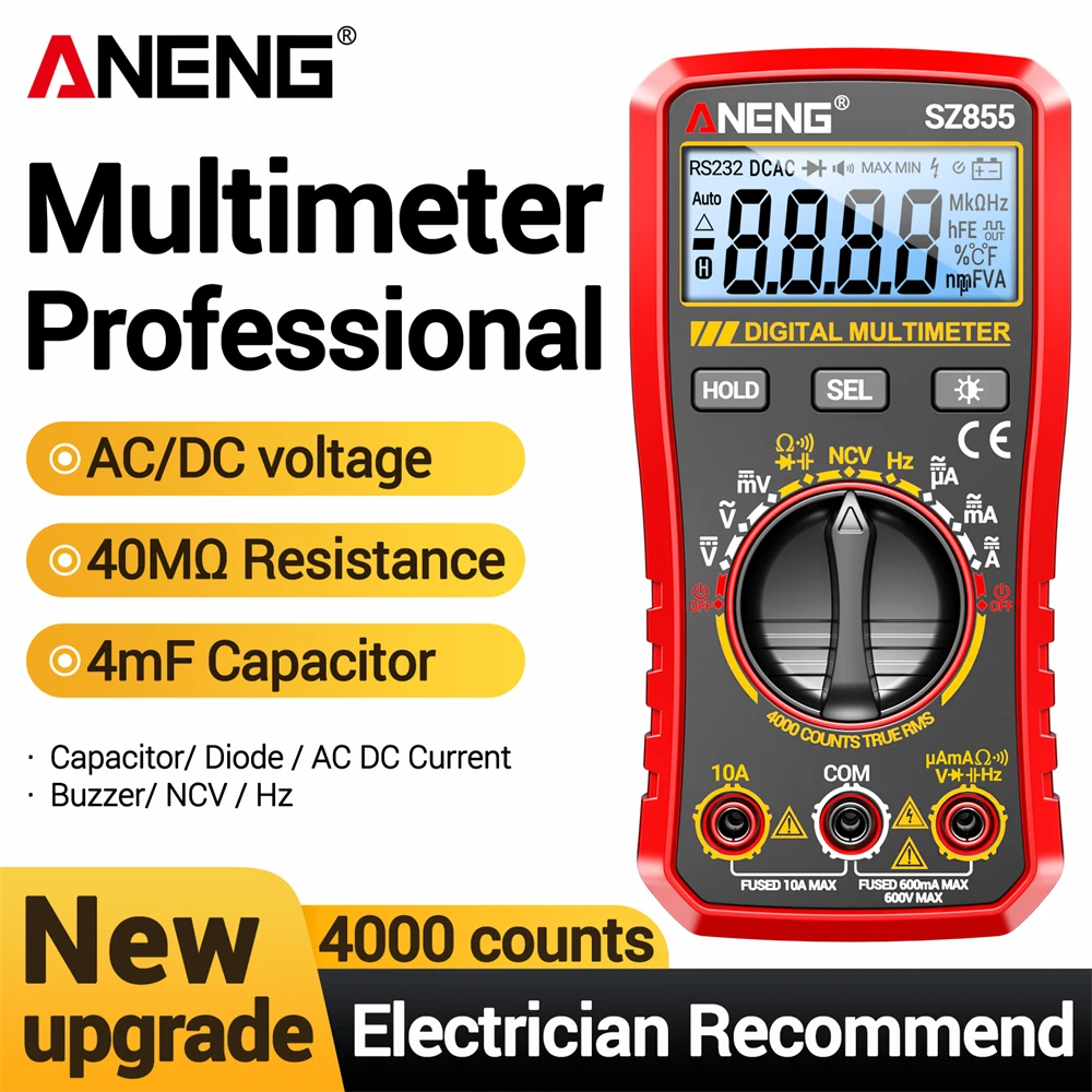 ANENG SZ855 Digital Multimeter Dual‑Tube Anti‑Overload 4000 Counts NCV Non‑Contact Detector AC DC Voltage Current Resistance