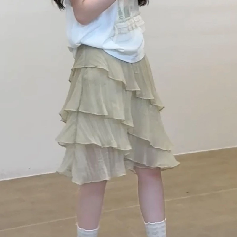 Deeptown Korean Style Tulle Skirt Women Fairycore Sweet Asymmetrical Ruffle Skirts Vintage Elegant Streetwear Layered Skirts