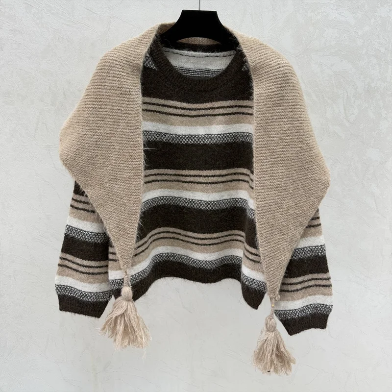 

High quality multi-color striped women's pullover + triangular fringed shawl - popular sweater 25120680