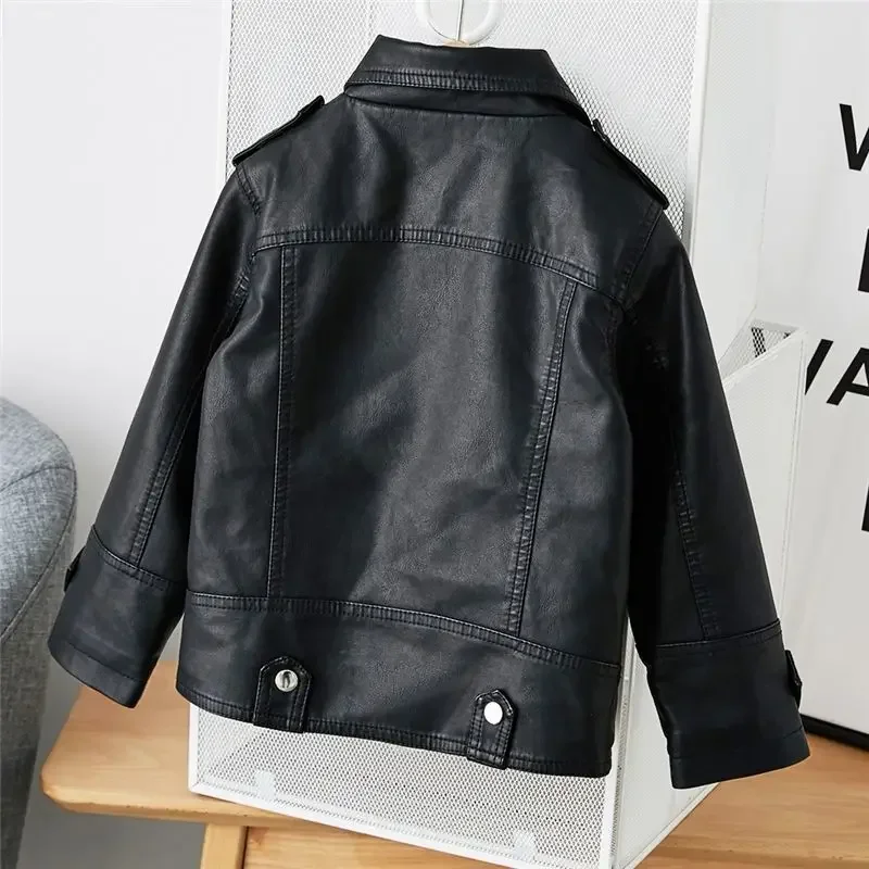 New Girls Boys Black Pu Zipper Jackets Kids Baby Leather Jacket Spring Autumn Cool Coat Children Clothes Overcoats 2-14T