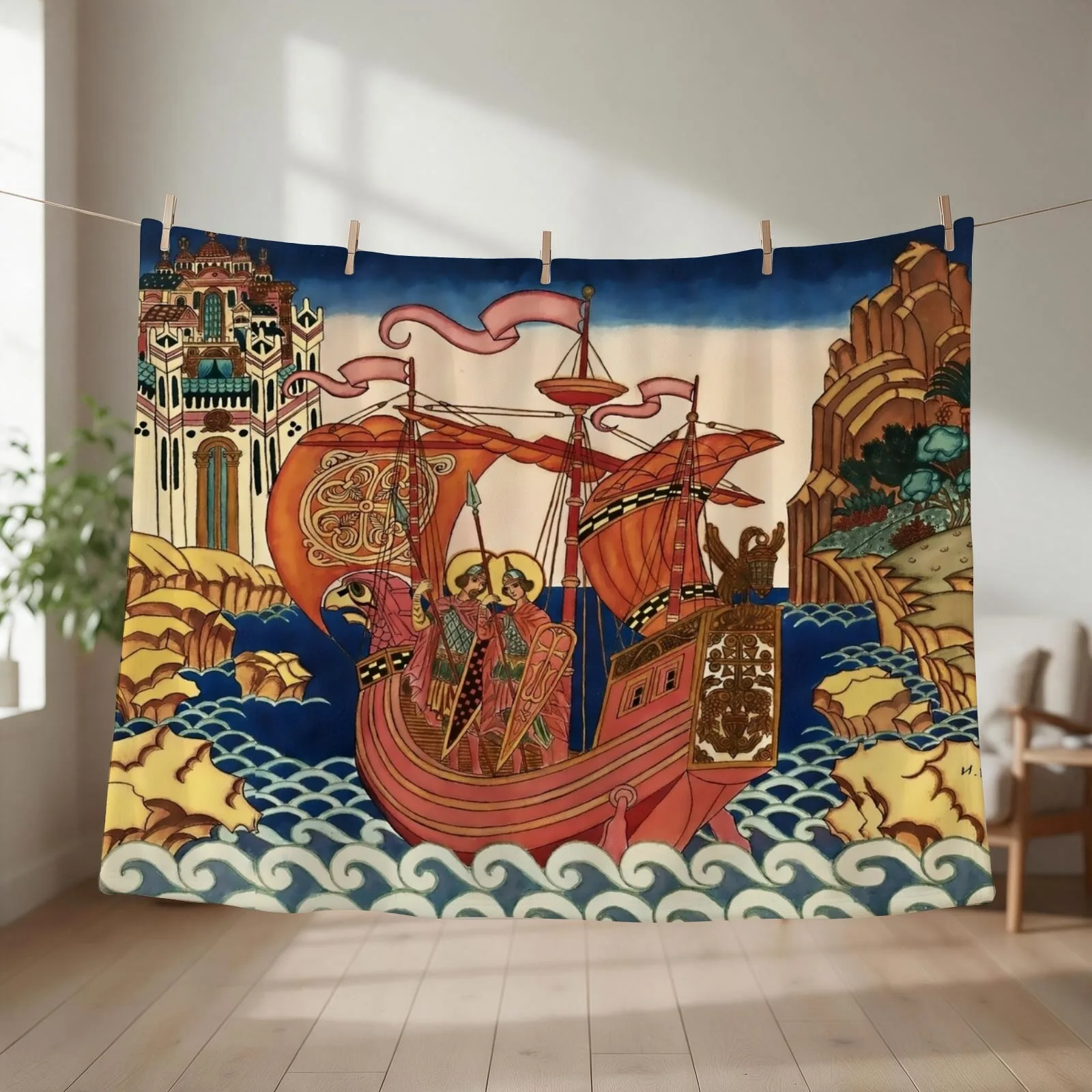 Saints on the Ship by Ivan Bilibin Throw Blanket Flannel Travel Moving Sofas Blankets