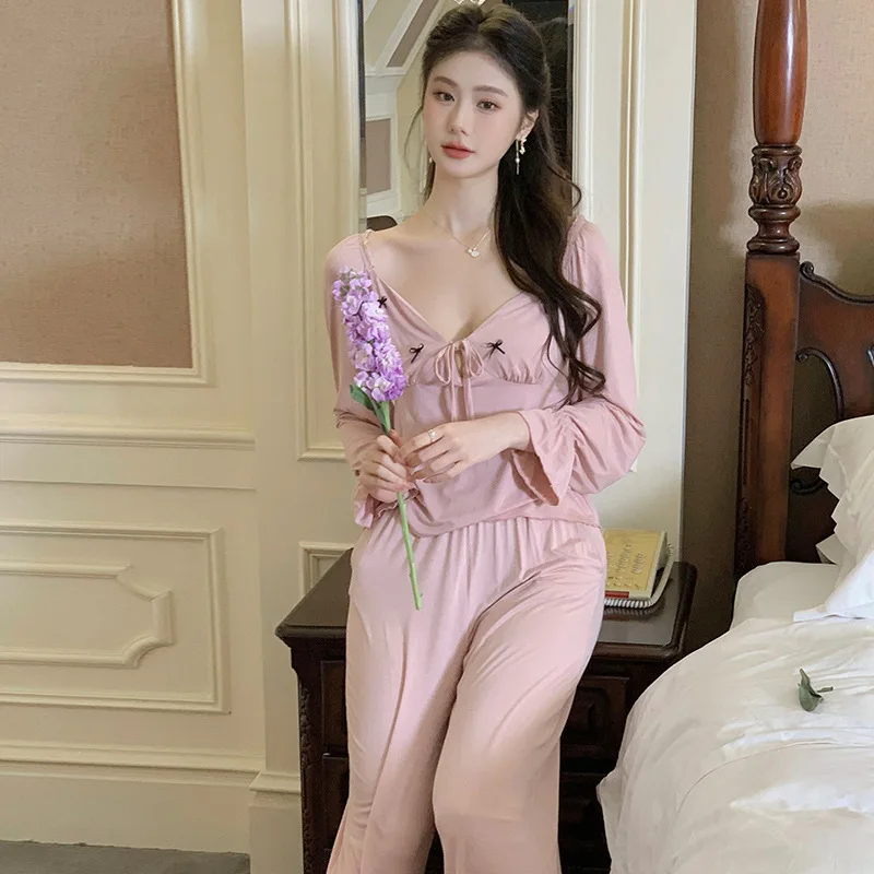 French pajamas women's fall models cotton long-sleeved long pants sexy pure desire wind with cushion two-piece home clothing