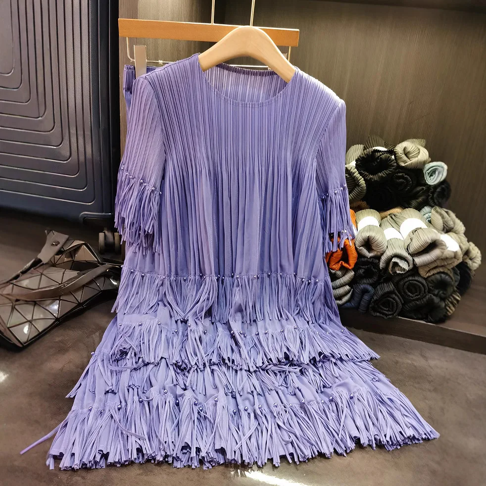 

Miyake Pleated Skirt Suit Senior Sense Casual Short-sleeved Top+pleated Tassel Skirt 2-piece Female 2025 Summer New Fashion Suit