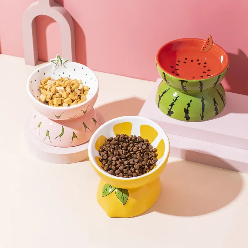 1pcs Fashion Ceramic Cat Dog Bowls Fruit Cartoon Pattern Feeder Non-slip Protecting Cervical Spine Pets Drink Water and Eat Bowl