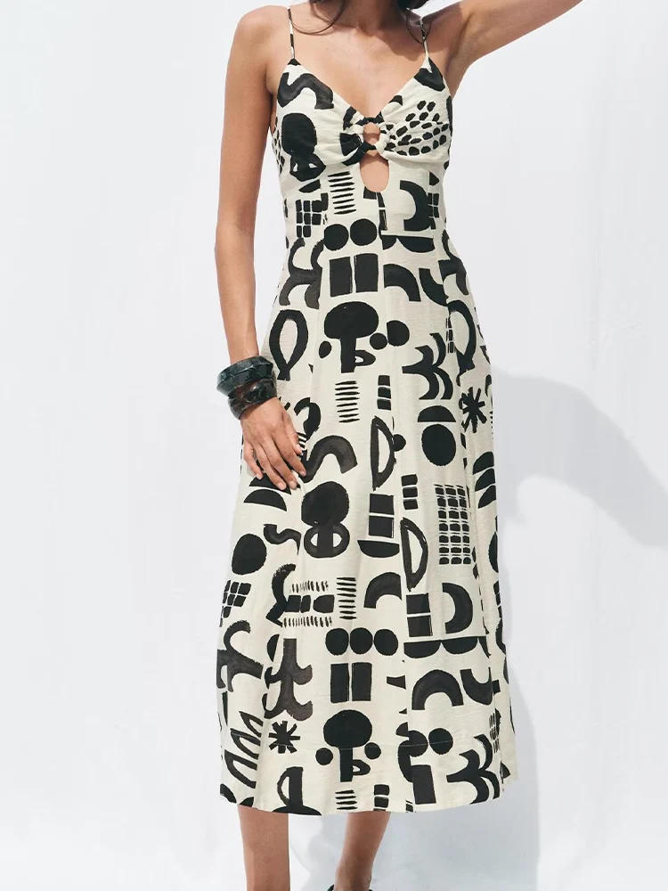 

European and American style summer new fashion women's clothing temperament hollow design graffiti print suspender dress