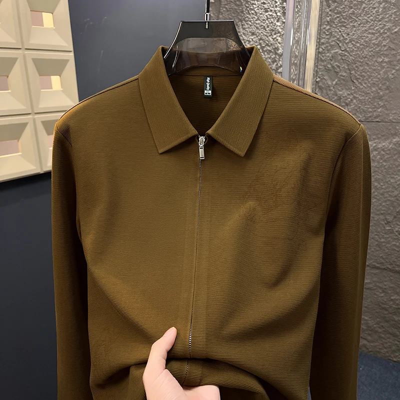 قميص رجالي أصلي بأكمام طويلة وسحاب وياقة مقلوبة وطباعة بسيطة وخفيفة الوزن كاجوال للربيع والخريف للرجال #5