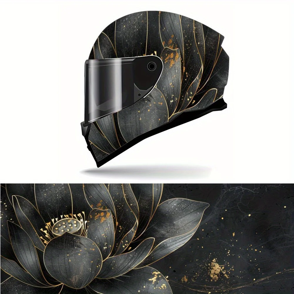 

Luxury Oriental Style Black and Gold Lotus PVC Motorcycle Helmet Vinyl Wrap, Self-Adhesive Waterproof Sticker, Anti-Scratch Deco