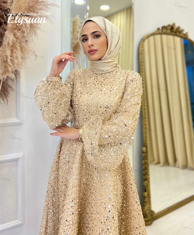 Блестящие мусульманские вечерние платья по индивидуальному заказу длиной до пола, кружевной кафтан с пышными рукавами и бисером, вечернее платье для свадебной вечеринки для женщин с высоким вырезом