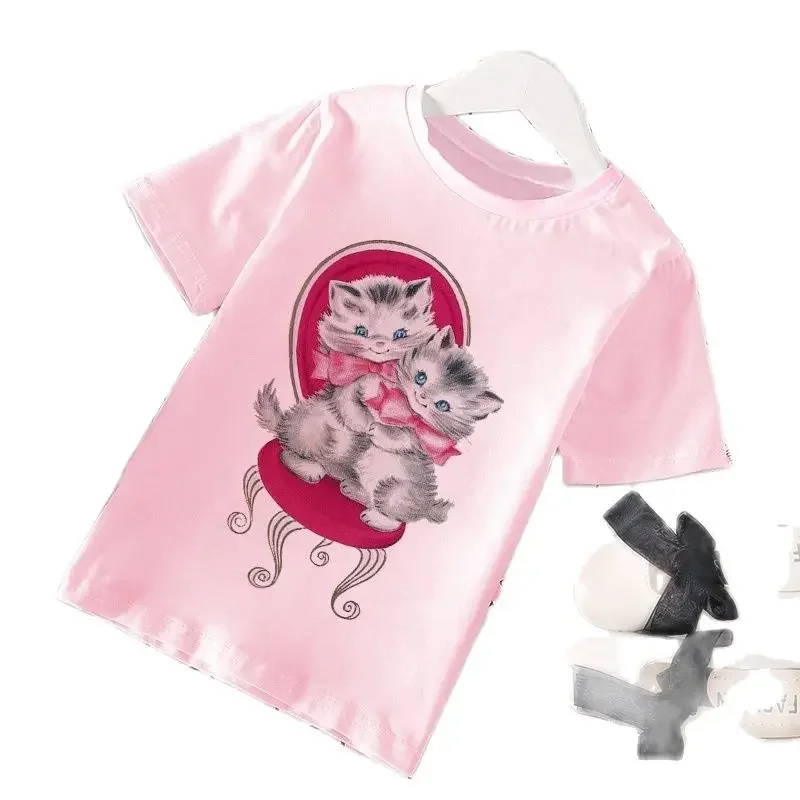 Camiseta rosa con estampado de gatos de dibujos animados para niños y niñas, camiseta de manga corta de estilo occidental, ropa de Stranger Things