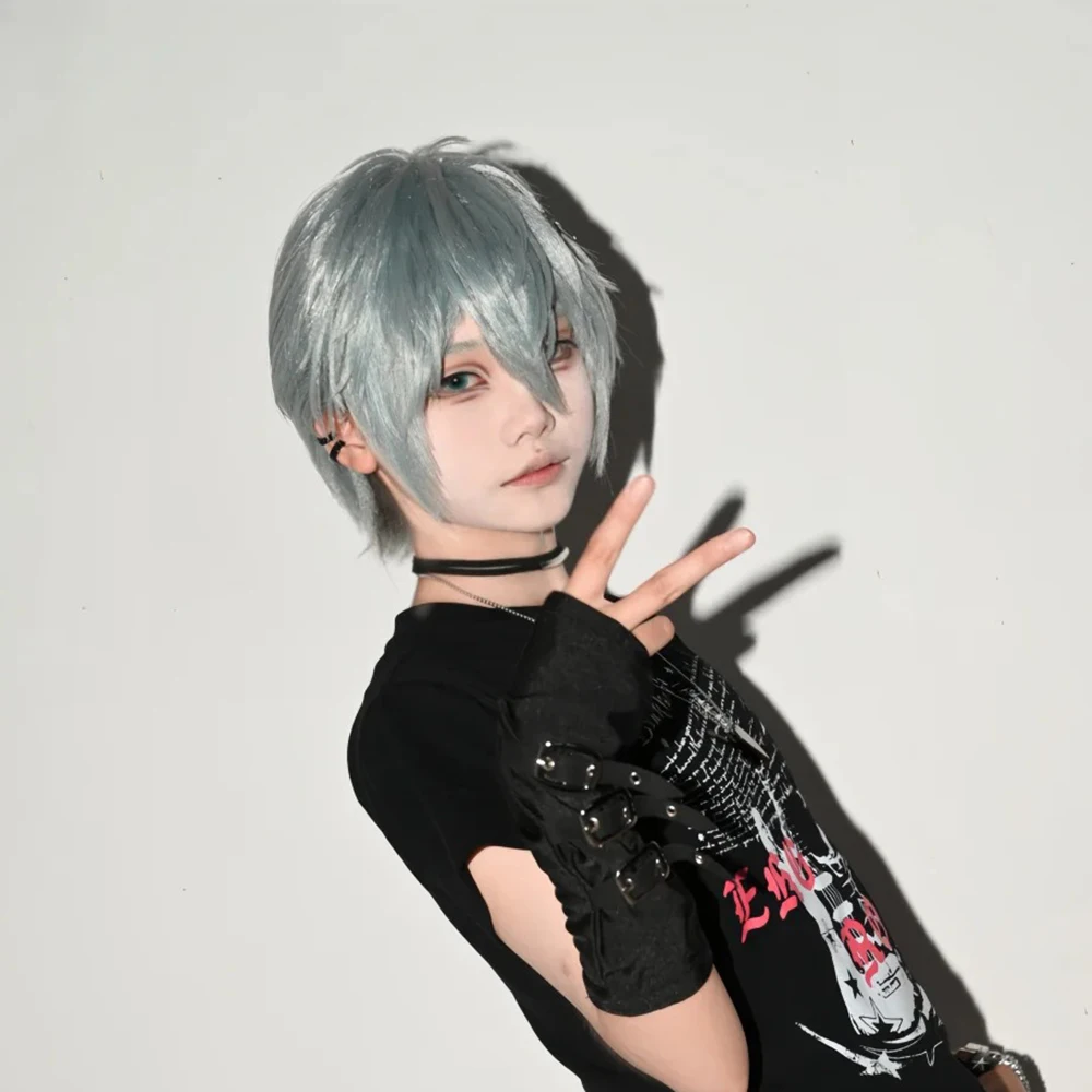 Anime Alien Stage Till Cosplay Pruik Mannen Vrouwen Cyaan Grijs Kort Haar Hittebestendige Synthetische Pruik Halloween Party Prop