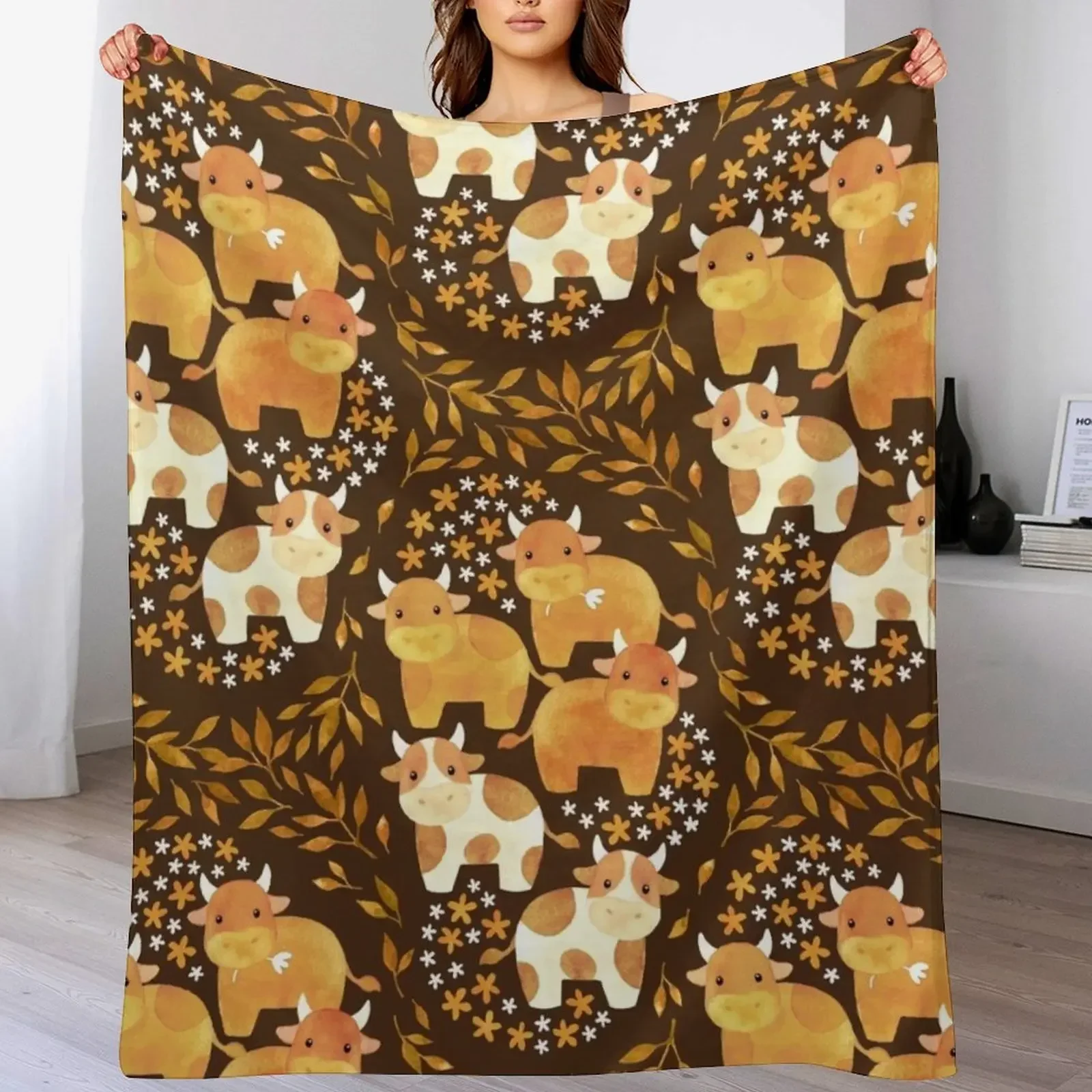 New Whimsical Watercolor Cow-fetti - on chocolate brown Throw Blanket Luxury Designer Decoratives Soft Blankets