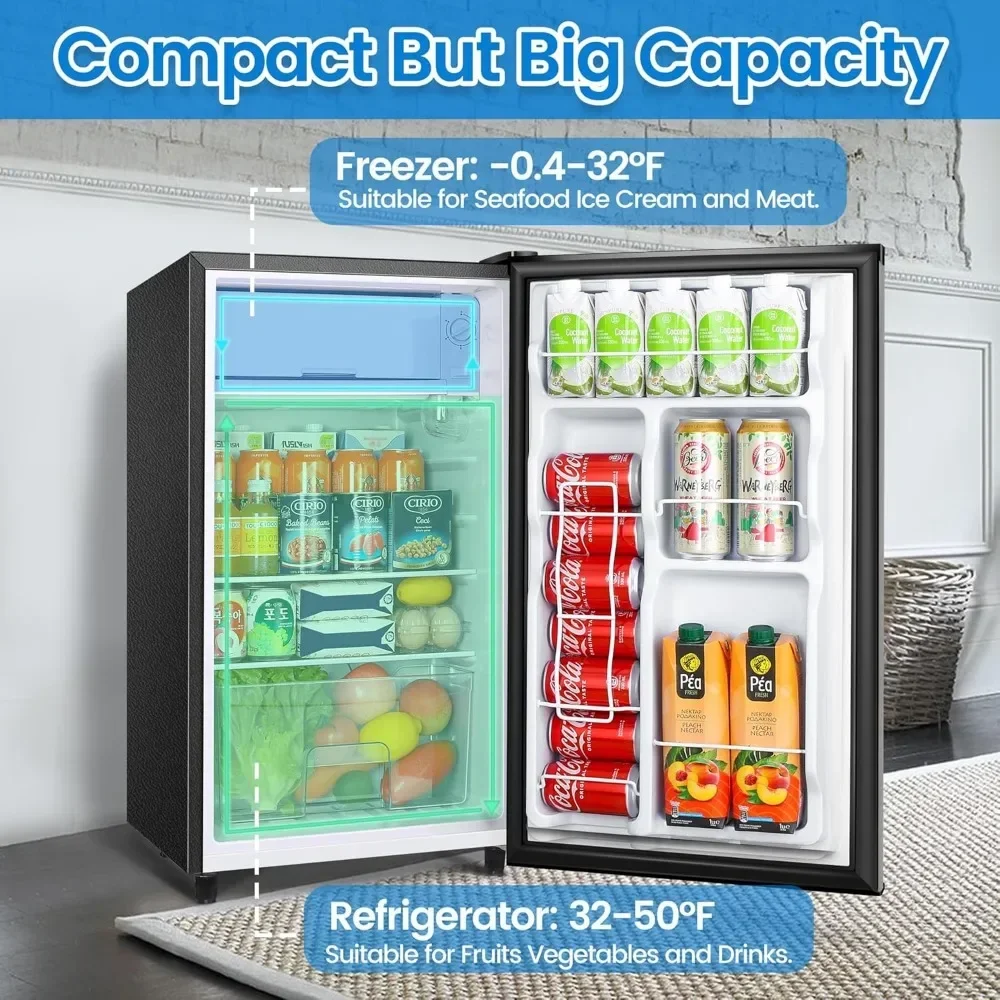 Minikoelkast met vriezer 3,2 Cu.Ft, kleine koelkast met één deur, energiezuinig, laag geluidsniveau, compacte koelkast voor slaapkamerslaapzaal