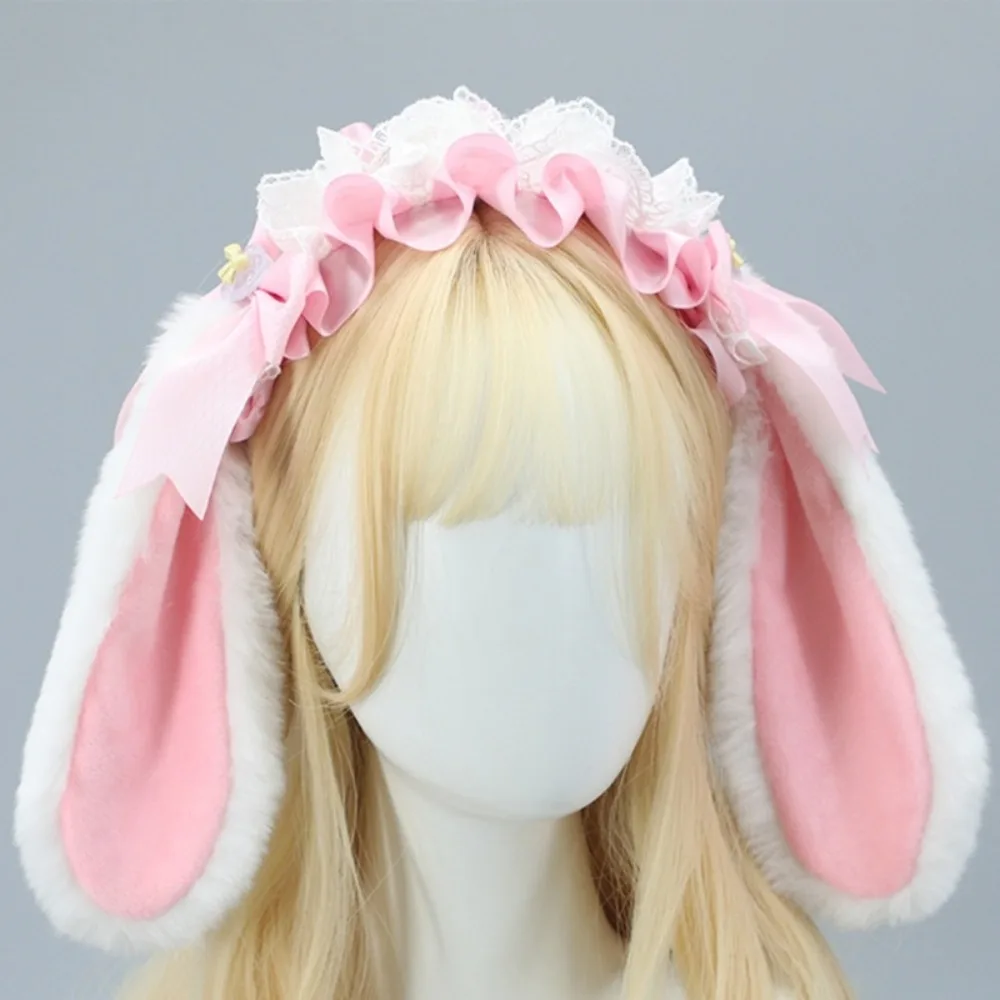 Ruffle Bowknot Plush Bunny Hair Hoop Ribbon Furry Lolita Rabbit Ears Headband Cute Lace Cosplay Hair Bands Comic Show