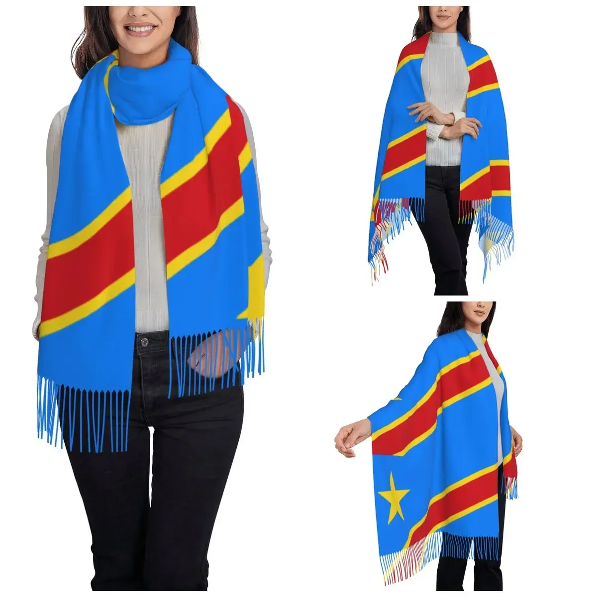 Flag Of Congo Kinshasa Zaire Scarf for Women Warm Winter Shawl Wrap Long Scarves with Tassel for Ladies