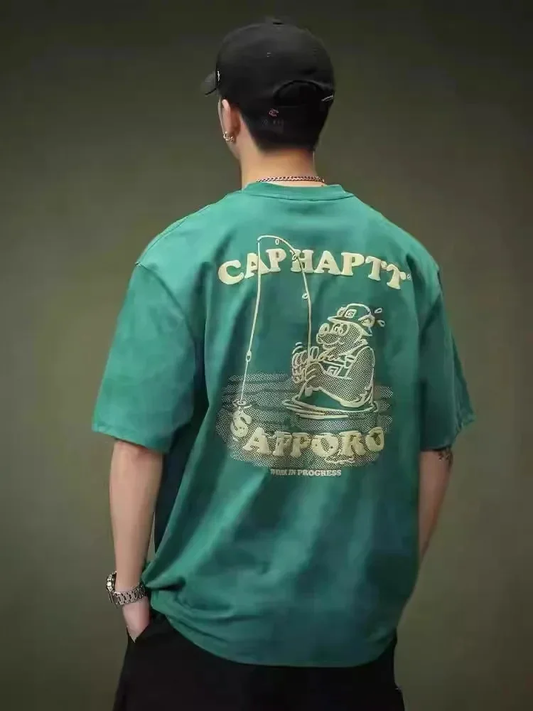 

Washed retro short sleeved men's 2026 new high-end trend nostalgic print loose elastic round neck breathable tops