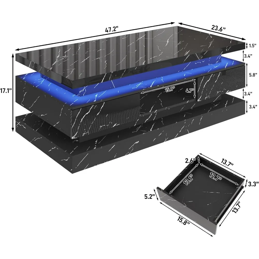طاولة القهوة LED الحديثة عالية اللمعان 47.2 بوصة مع أدراج منزلقة، طاولة مركزية مزدوجة الطبقة، أضواء LED لديكور غرفة المعيشة #2