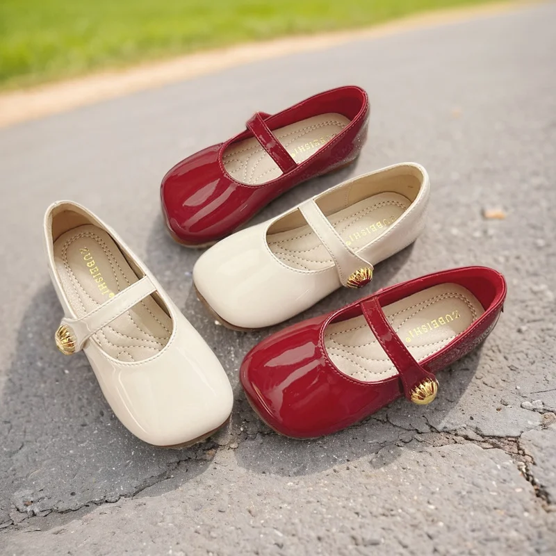 Girl Mary Jane Single Shoes Princess Red Flats Primary School Fashionable White Leather Shoes Children\'s Bean Shoes