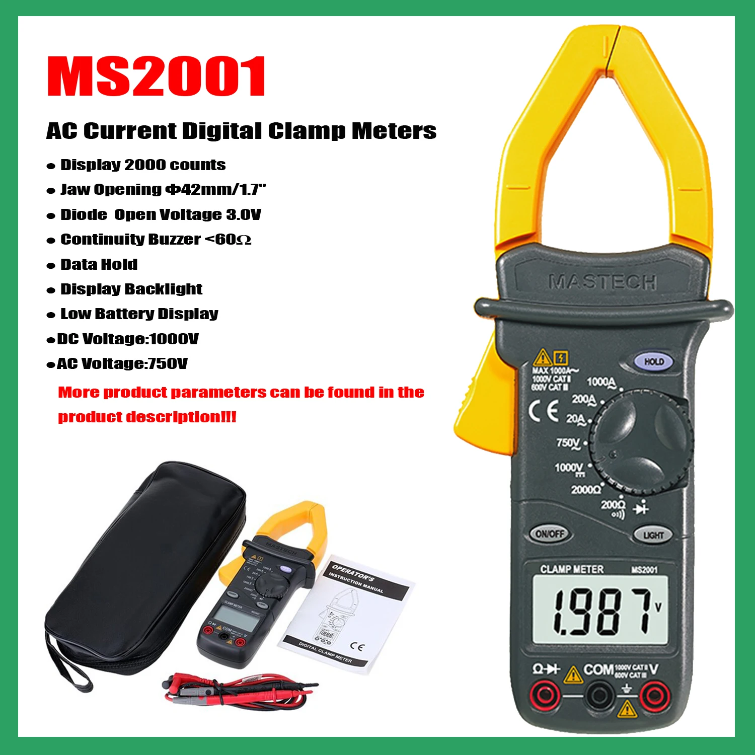 MASTECH MS2001 MS2001C MS2101 AC Current Digital Clamp Meter High Precision AC High Current Automatic Capacitor Tool Maintenance