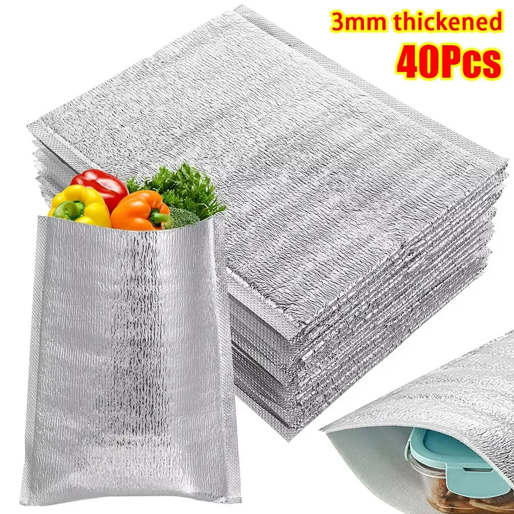 40Pcs/Pack 3mm Thickened Aluminum Foil Bag Ice Cold Warm Food Thermal Insulation Bag with Closure Cooler Bag Delivery Carrier