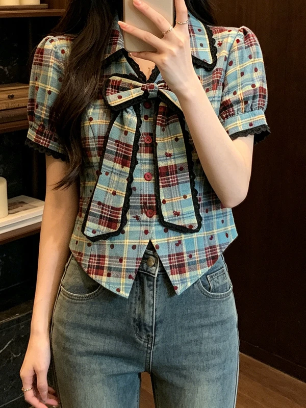 

plus Size Women's Shirt Summer 2026 Plaid Design Knot Belly Cover Slimming Versatile Top Quality Material Short Sleeve
