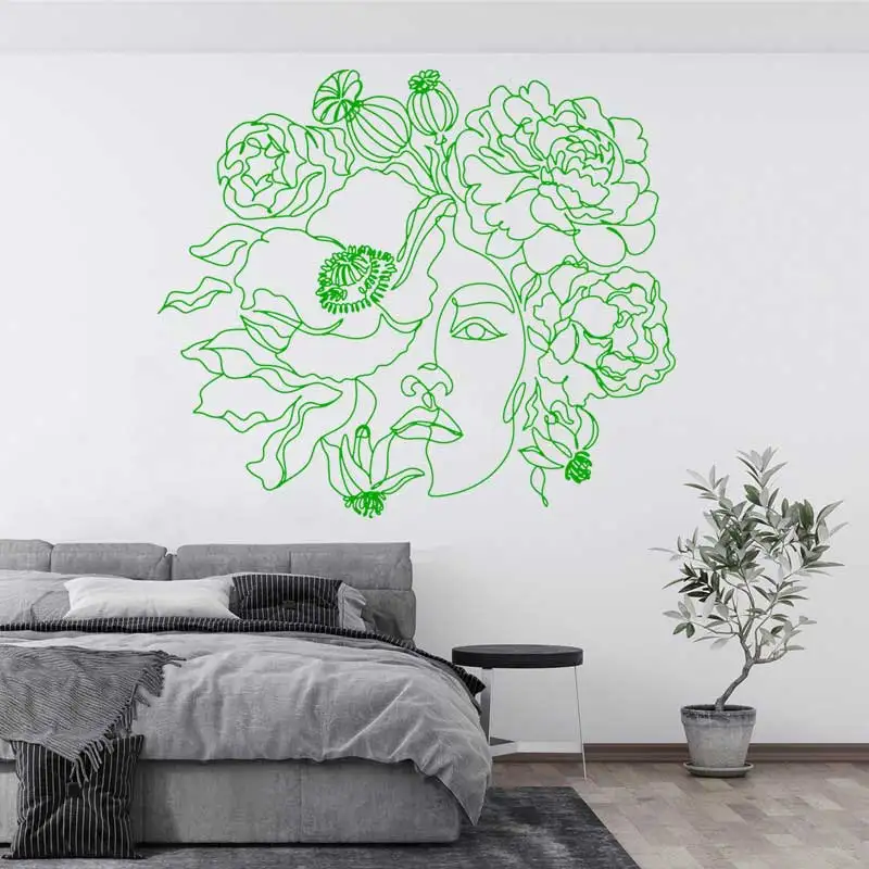 Round Floral Line Flower Beautiful Woman Abstract Avatar Vinyl Wall Sticker Man Camellia Home Bedroom Art Door Window Decal C21