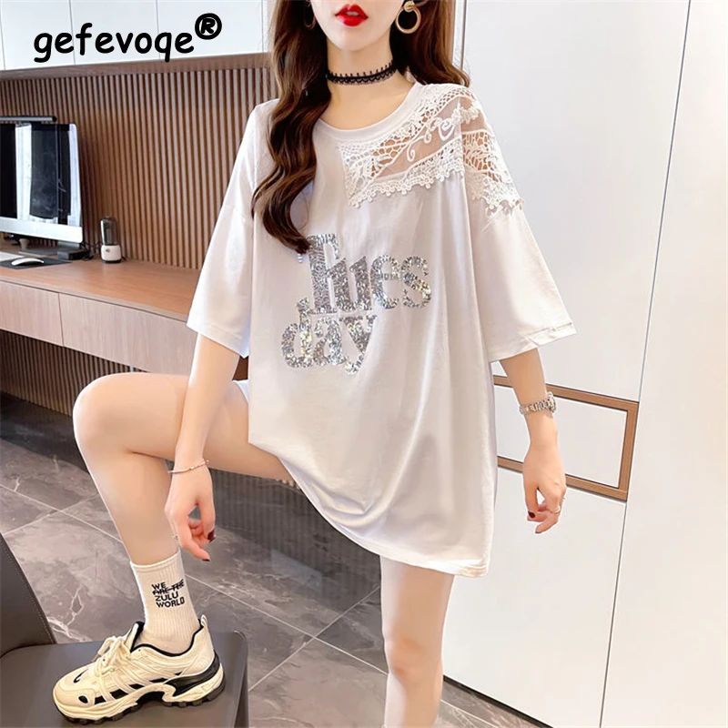 2023 Women Korean Fashion Sexy Lace Patchwork Sequin Oversize T Shirt Summer Black White Short Sleeve Streetwear Tunic Tops Ropa