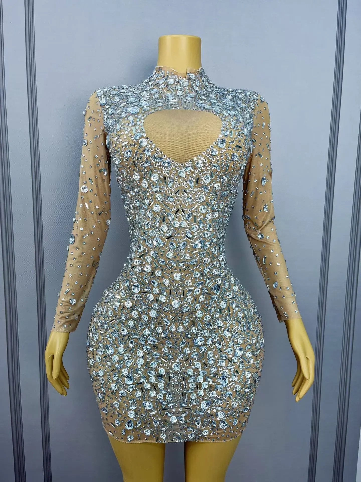 Luksusowa sukienka damska Cuicanduanqun, srebrna, wysadzana diamentami, seksowna, z siateczki, idealna na bankiet, urodziny, koktajl, studniówkę.