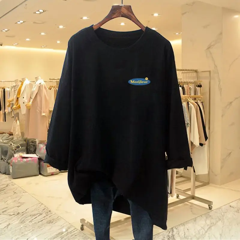 Spring Autumn New O-neck Long Sleeve Pure Cotton Basic T-shirt Women Casual Loose Solid Pullover All-match Chic Top 35-100Kg