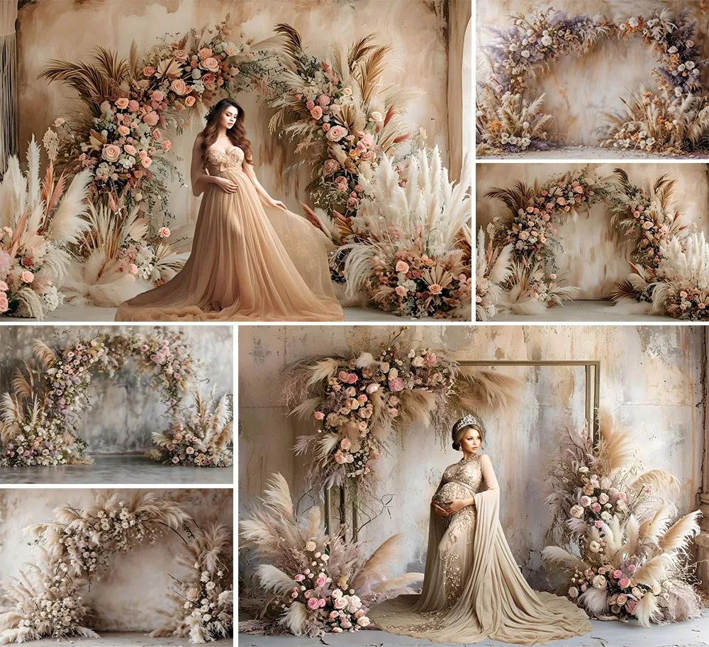 

Mehofond Photography Background Vintage Boho Blooms Grass Backdrops Maternity Portrait Rustic Rooms Floral Arches Door Photozone