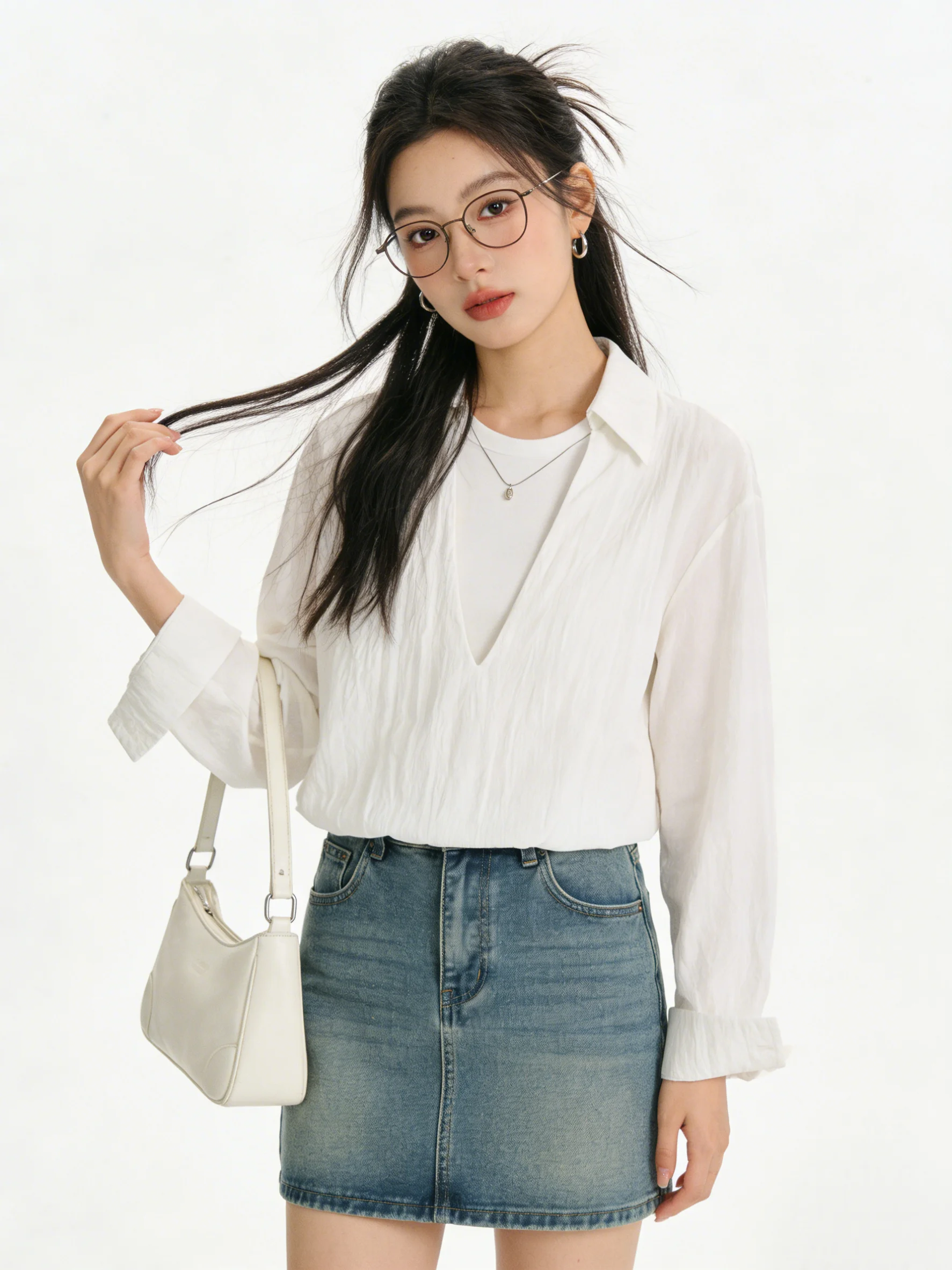 

Elegant White Collar Shirt Vintage Korean Style V-Neck Splice Casual Versatile Long Sleeve Women's Short Length Buttoned