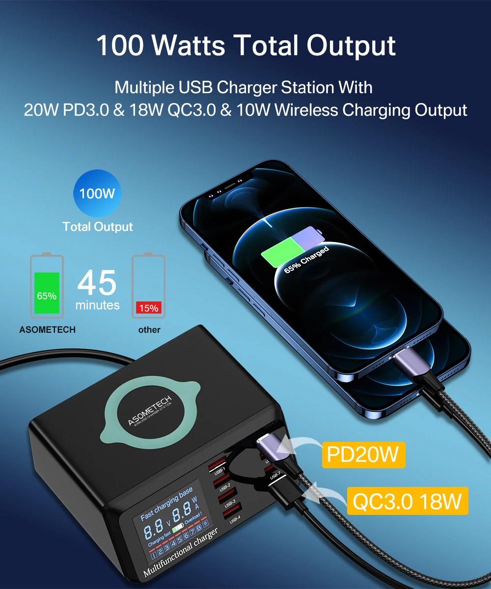 100w 8 Ports USB-Ladestation mit kabelloser Aufladung digitaler Bildschirm qc 3,0 pd 3,0 Schnell ladung für iPhone 14 13 Xiaomi – Detail 3