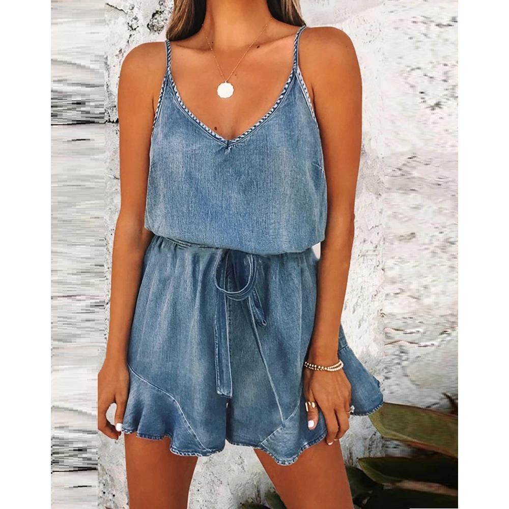 Summer Women Spaghetti Strap V-neck Denim One Piece Romper Casual Femme Tied Detail Ruffles Hem Design Outfits Jumpsuits