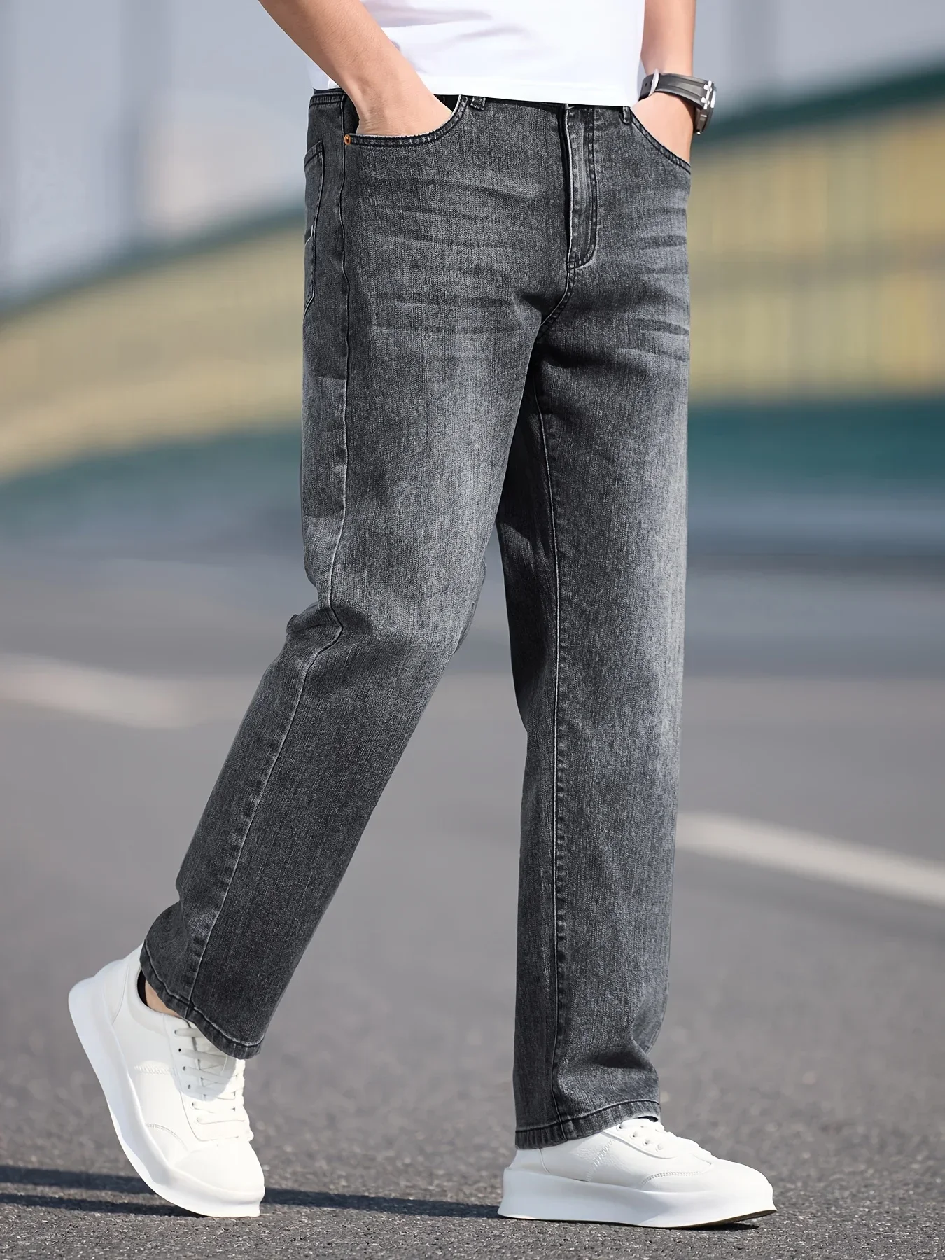 Men's straight-leg baggy jeans, new washed, vintage high street, breathable stretch, wide-leg cargo business casual pants view 5