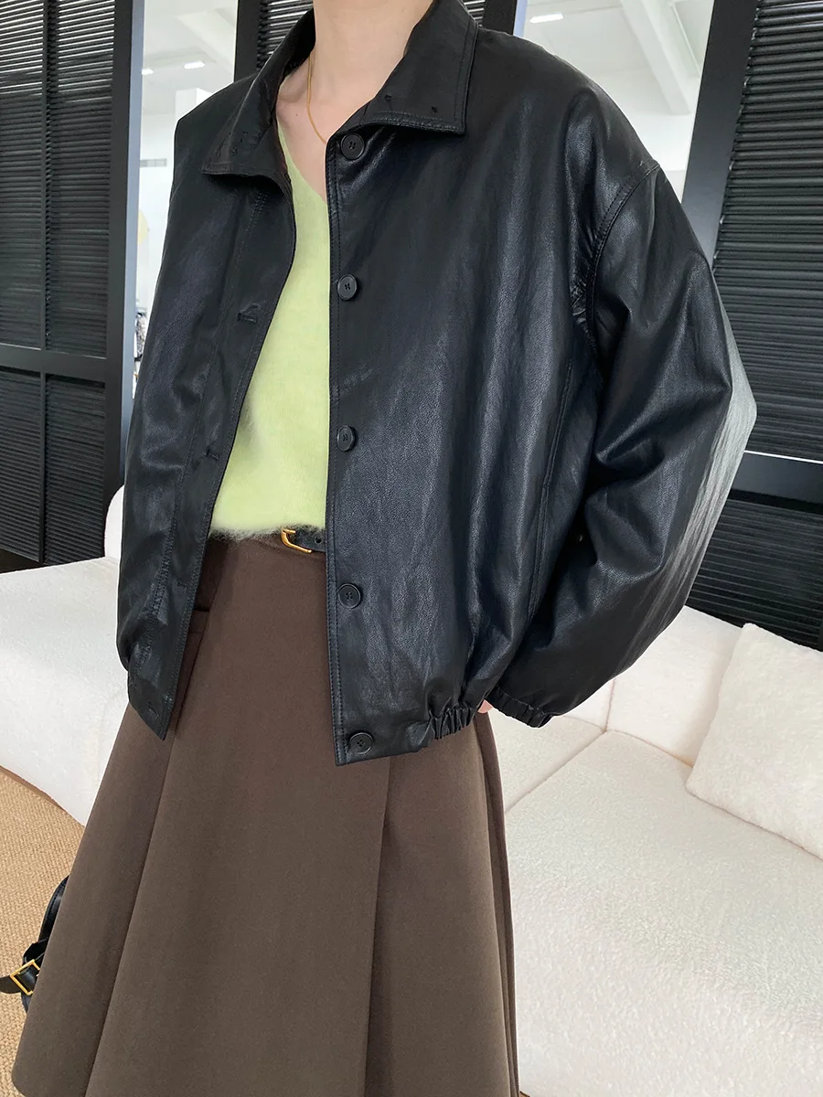Autumn women's casual solid color PU leather stand up collar loose and versatile leather jacket