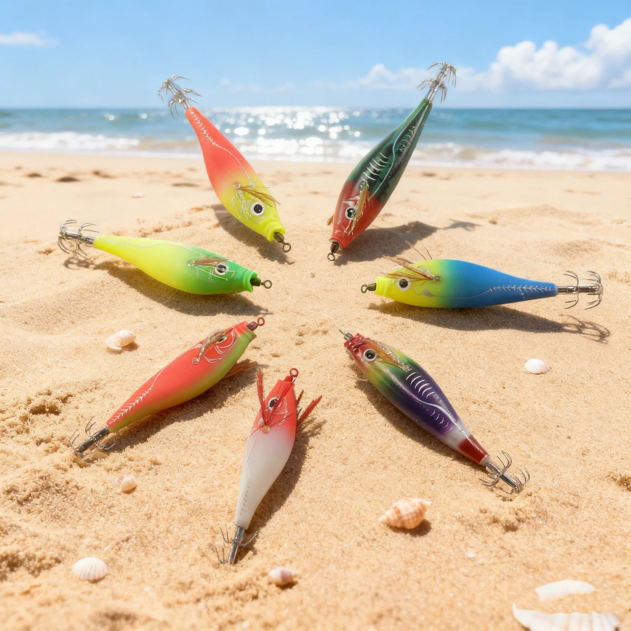 

7 шт. светящиеся деревянные приманки для креветок с джиг-головкой для морской рыбалки, приманки для кальмаров с лазерным джиг-хвостом для повышения видимости