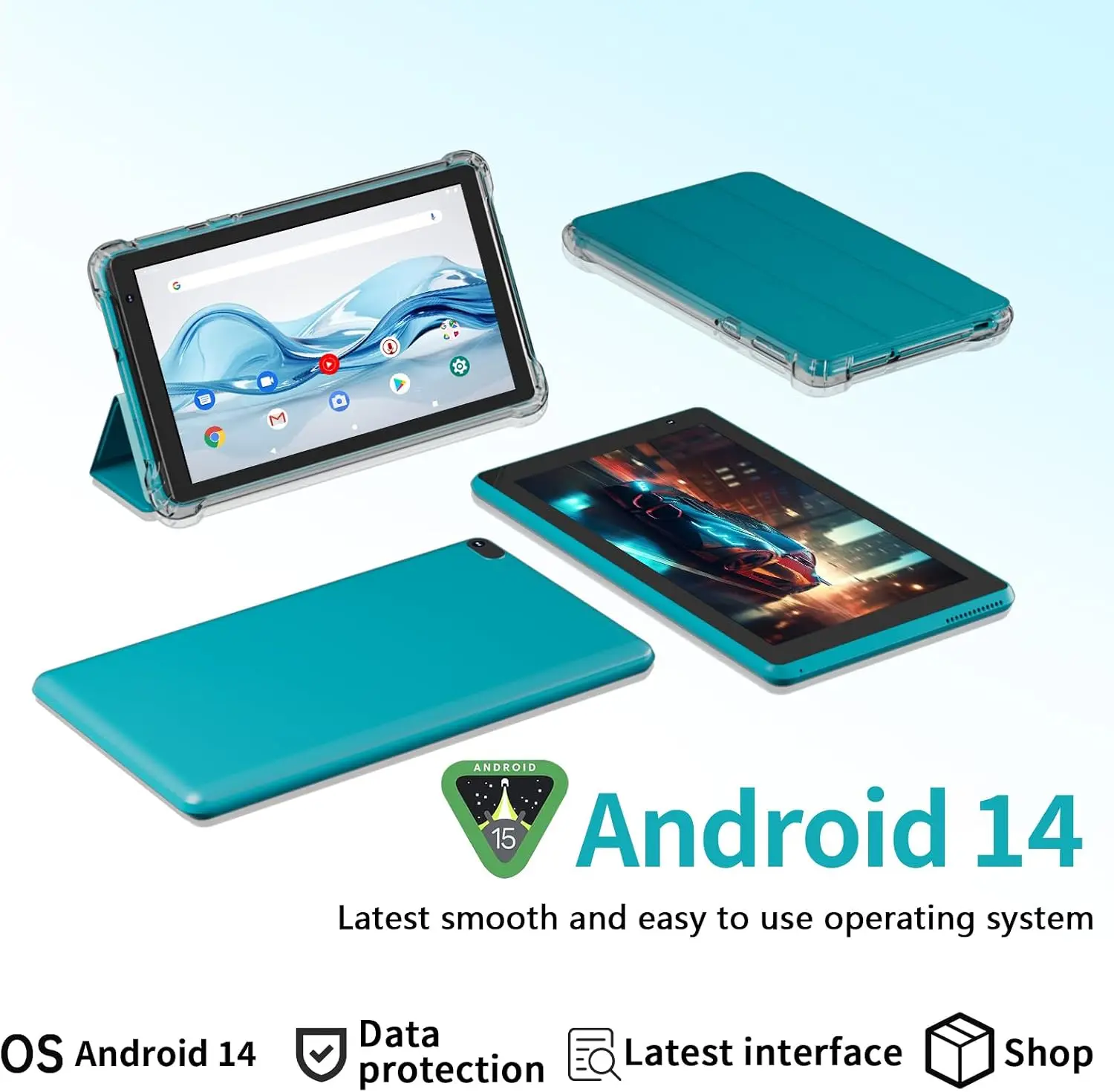Android 14 Tablet with Case, 7 Inch 8GB RAM+32GB ROM/ 1TB Expandable Computer, 5MP Camera Tablets, 1.6Ghz Quad-core Processor, 3000mAH Battery Tablet PC, 5G WiFi, Games 7'' Android Laptop Blue