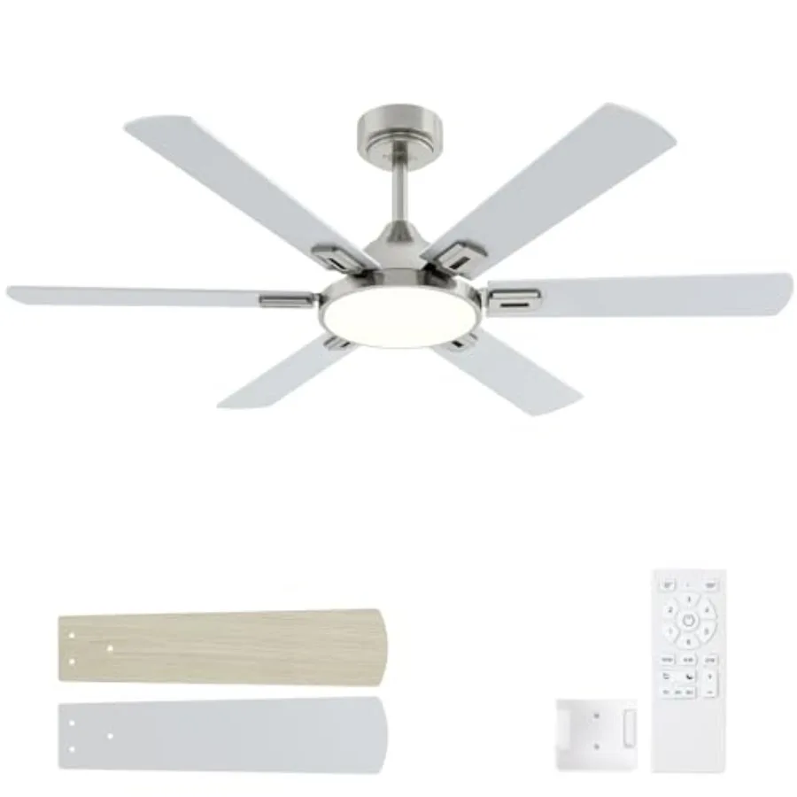 

52 Inch Ceiling Fans with Lights: Nickel Ceiling Fan with Light and Remote for Bedroom Living Room Patio - 6 Wooden Blades Ceil