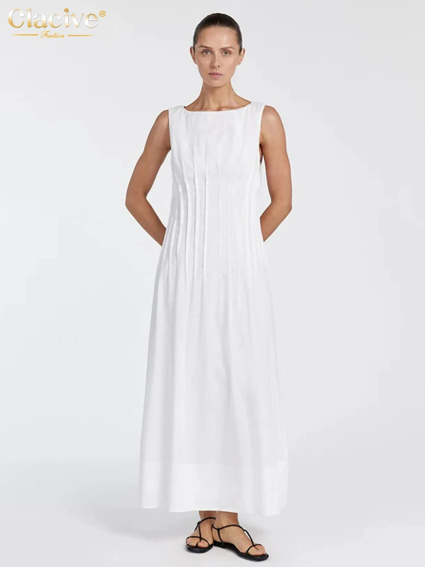 

Clacive Summer Loose White Cotton Women's Dress 2025 Fashion O-Neck Sleeveless Ankle Length Dresses Elegant Classic Female Dress