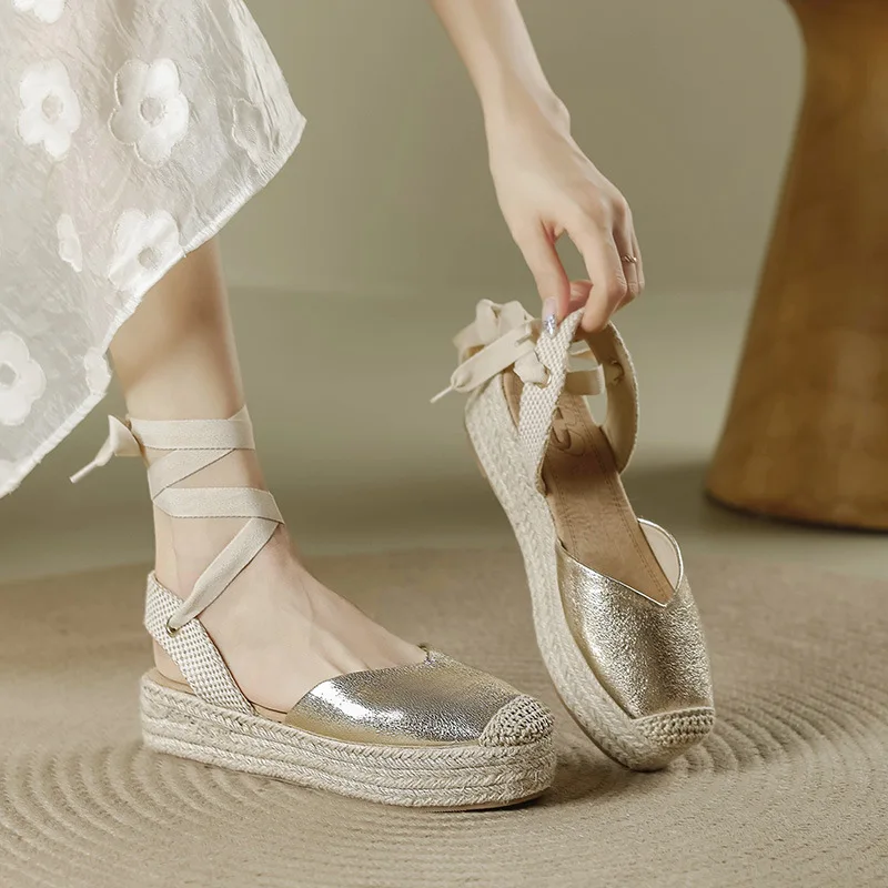 Large Size High Heel Sandal for Women Big High-heeled Hemp Fabric Rubber PU Slides Hoof High Heel Sandal for Women Large Size H