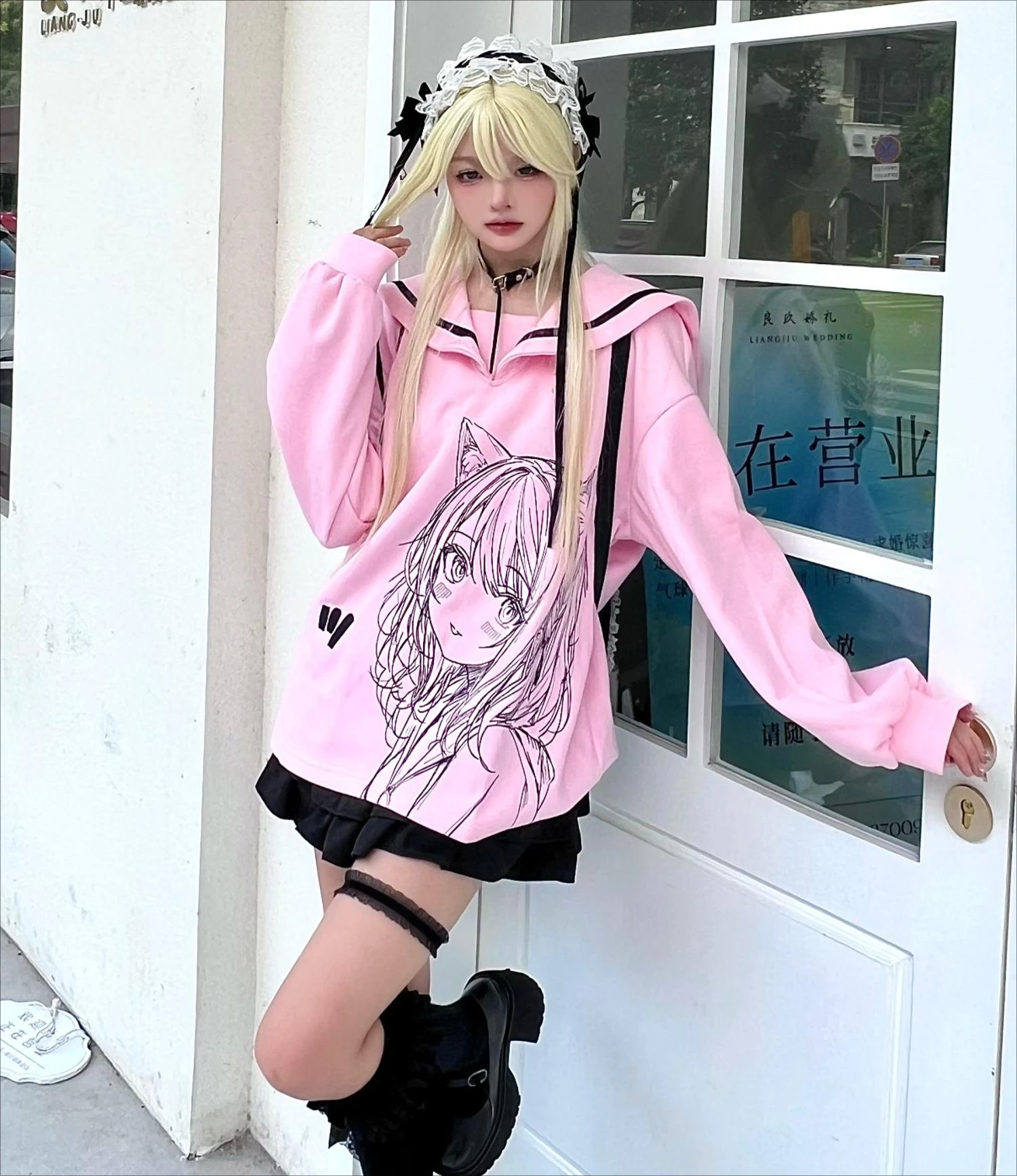 Original Japanese Anime Print Mine Black Sweatshirts Female College Loose Sailor Collar Student Kawaii Hoodies Autumn Y2k Skirts