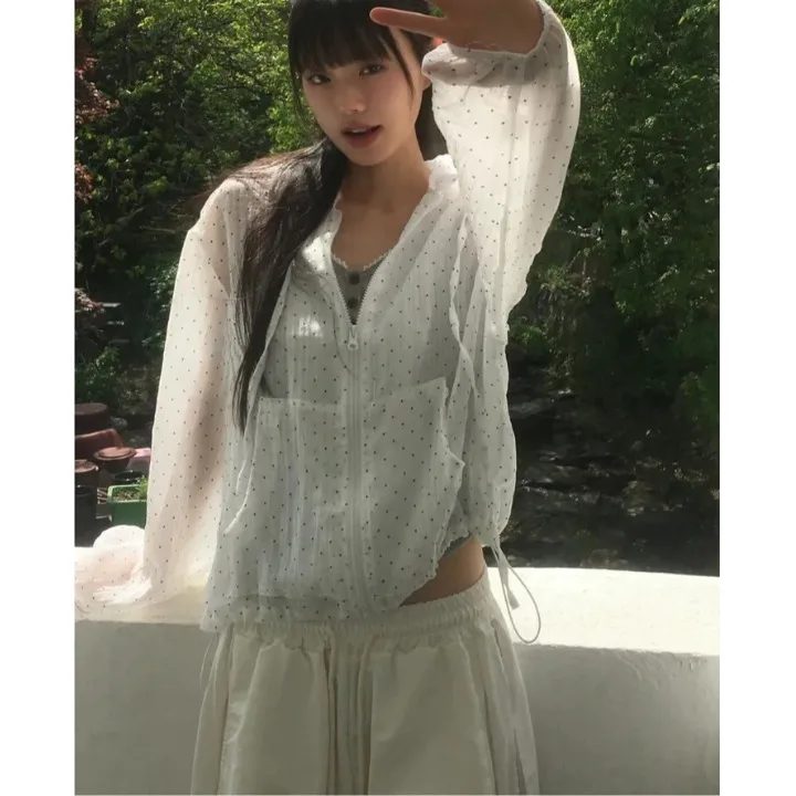 Sommer Lose Polka Dot Casual Vielseitige Nylon Mit Kapuze Zipper Winddicht Jaet frauen Lose Fit Casual Sle Oberbekleidung