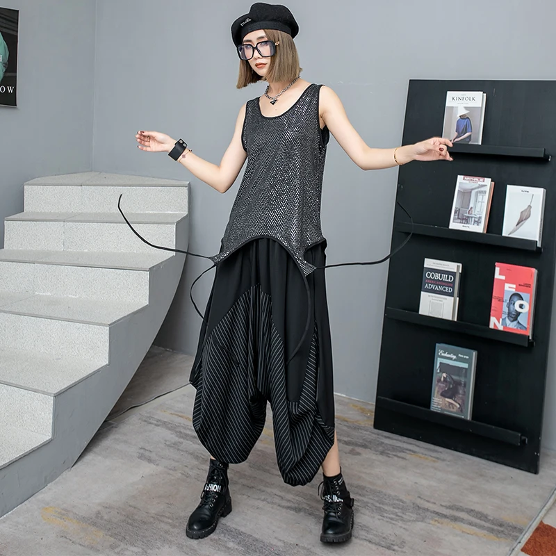 Summer Colorul And Black Personalized Sleeveless Loose Mid Length Bottom Elastic Tank Top Women LX1909