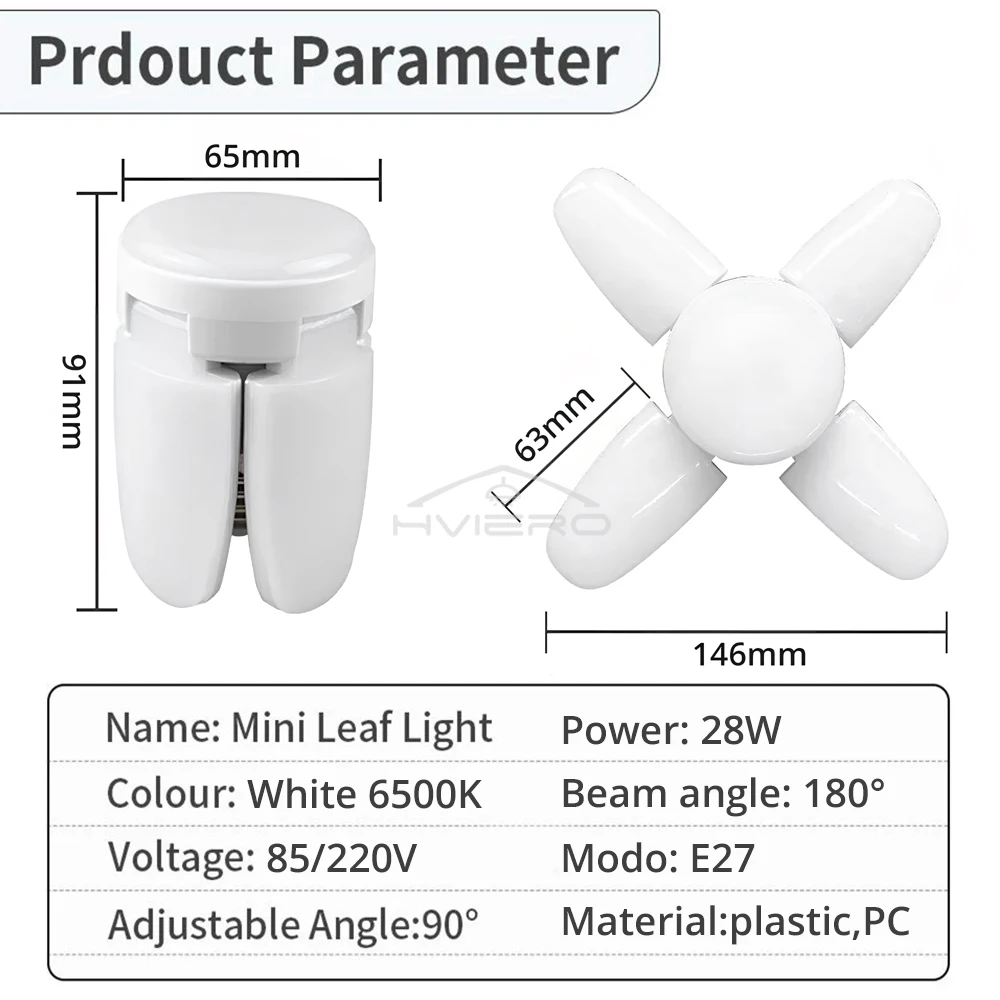 Ampoule LED E27 pliable en forme d'éventail 28W, 220V ou 85V-265V, pour maison, salon, entrepôt, Garage, plafonnier