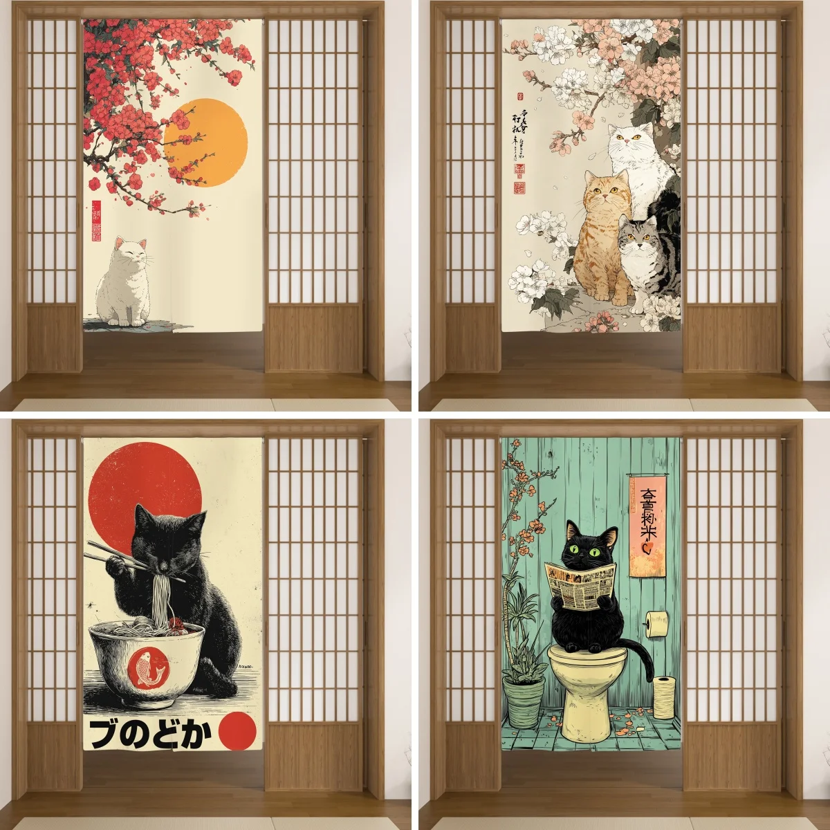 Japanese Cat Noren Curtain Cute Cat with Plum Blossom Ramen Design for Izakaya Decoration Funny Anime Style Hanging Half Curtain