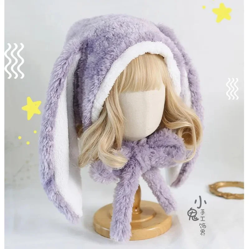 Japanese Sweet Loppy Bunny Eared Rabbit Cap Lolita Earmuffs Cap Fluffy Warm Winter Fleece Hats