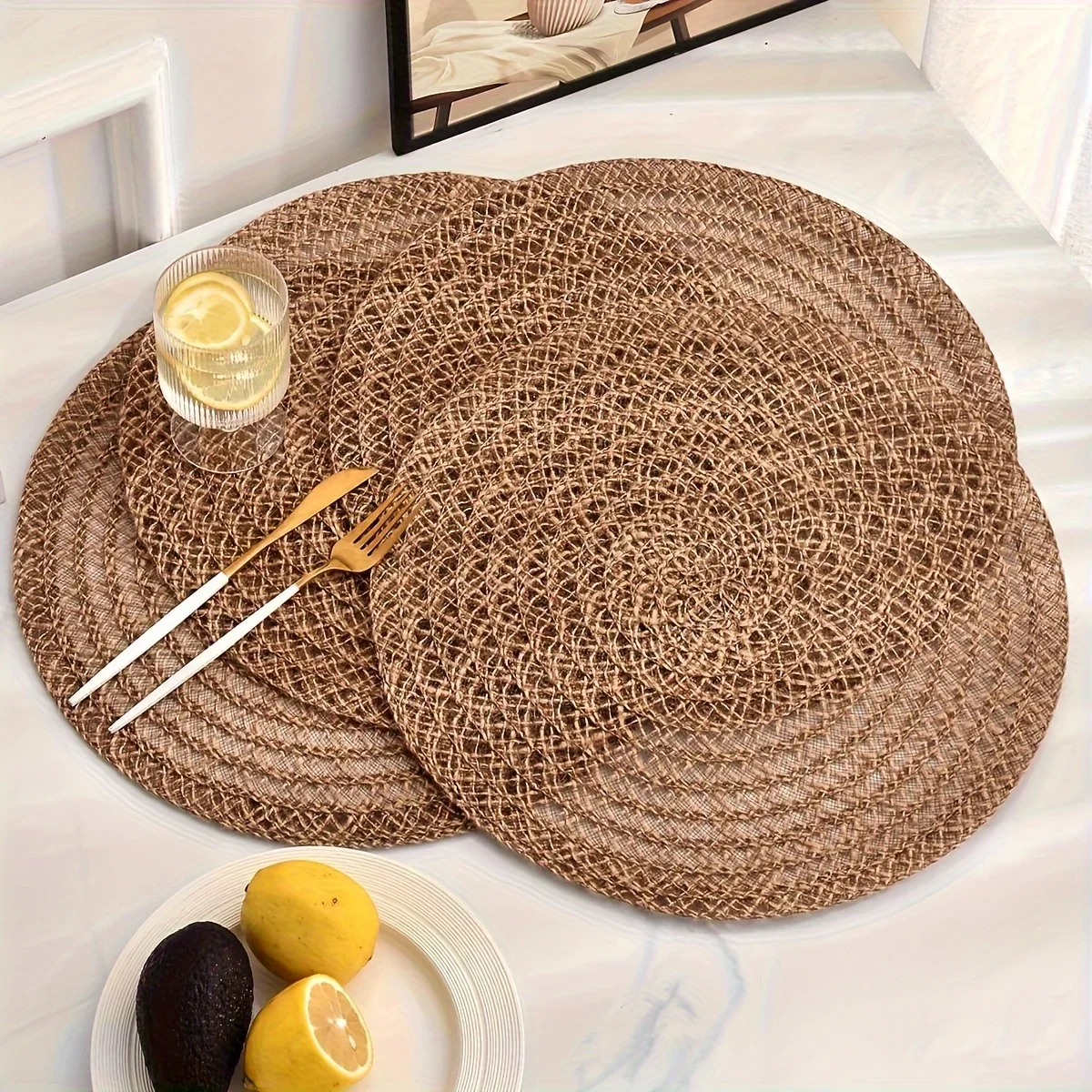 6pcs Jute Placemats Natural Material Non-Slip Heat Resistant Round Placemat Woven Mats for Parties Wedding Kitchen Table Decor - Image 4