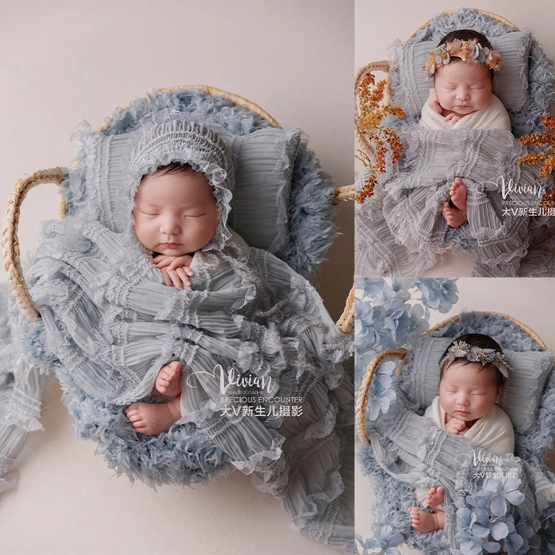 Newborn Photography Outfit White Cotton Baby Stretch Wrapping Lace Hat and Pillow Posing Basket Photography Props Creative Photo